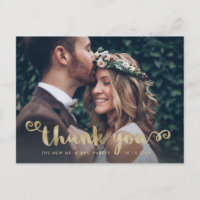 Whimsical Wedding Photo Faux Gold Script Thank You