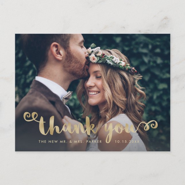 Whimsical Wedding Photo Faux Gold Script Thank You Postcard (Front)