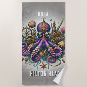 WHIMSICAL WHACKY FUNKY STEAMPUNK PURPLE OCTOPUS BEACH TOWEL