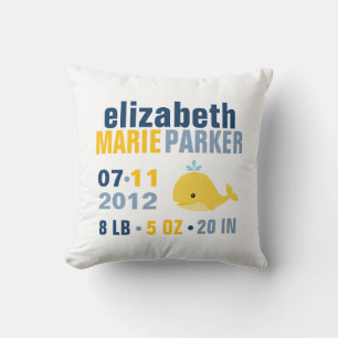 Whimsical Whale Baby Birth Announcement {yellow} Throw Pillow