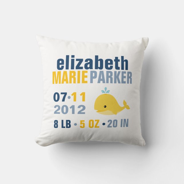 Whimsical Whale Baby Birth Announcement {yellow} Throw Pillow (Front)