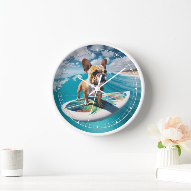 Whimsical White and Tan Surfing French Bulldog Clock (Home)