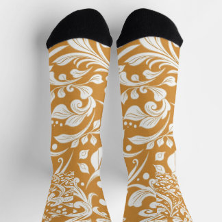 Whimsical White Bohemian Swirl Pattern on Ochre Socks