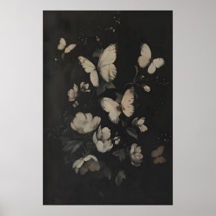 Whimsical White Butterflies and Flowers Dark Poster