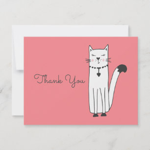 Whimsical White Cat Doodle Thank You Flat Card