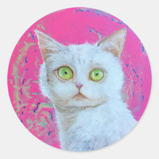 Whimsical white cat round sticker