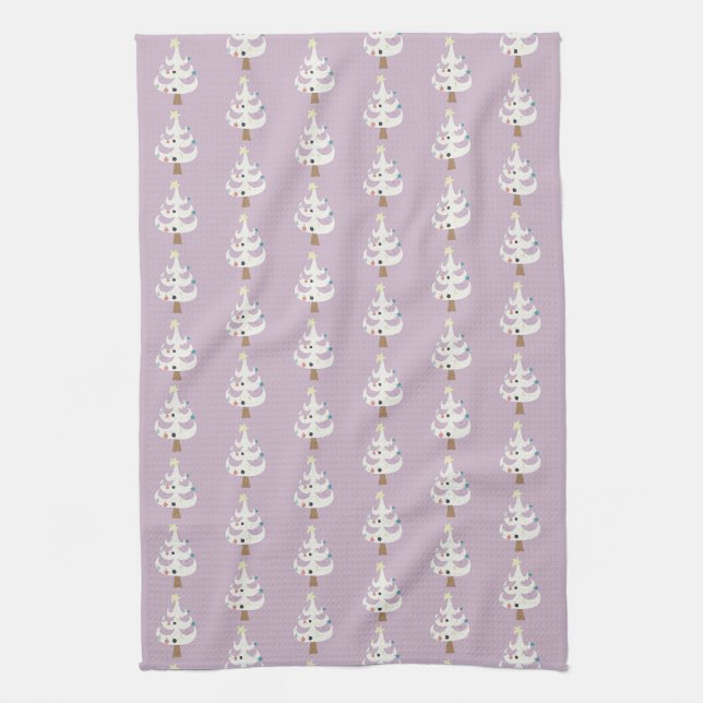 Whimsical White Christmas Trees on Purple Kitchen Towel (Vertical)