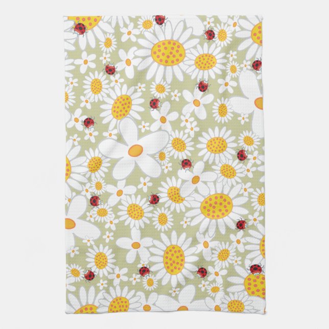 Whimsical White Daisies Flowers Red Ladybugs Cute Kitchen Towel (Vertical)
