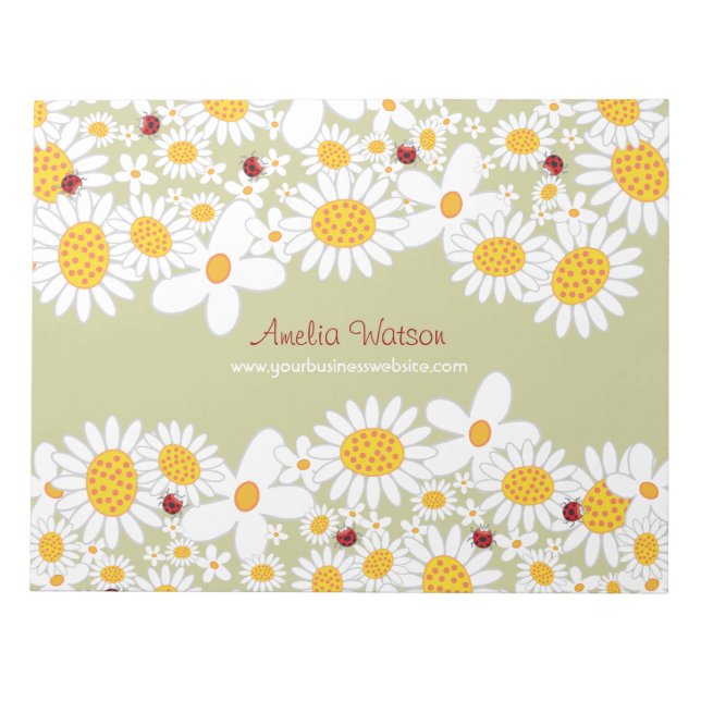 Whimsical White Daisies Ladybugs Flowers Notepad (Front)
