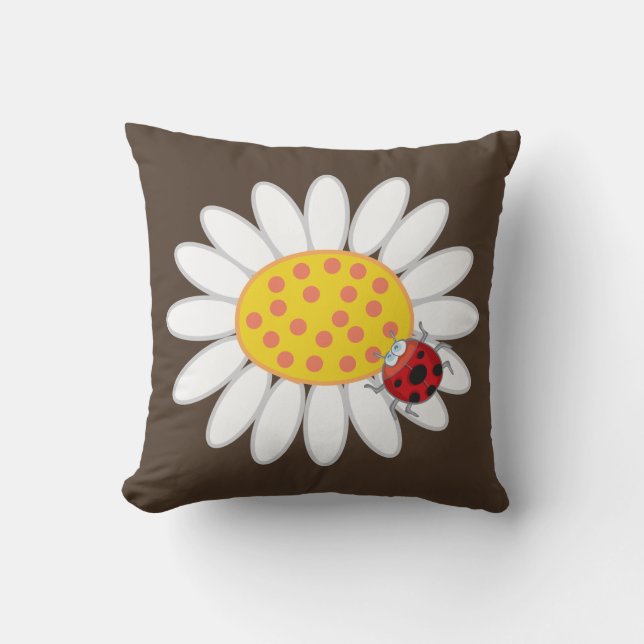 Whimsical White Daisies Red Ladybugs Spring Flower Throw Pillow (Front)