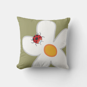 Whimsical White Daisies Red Ladybugs Spring Flower Throw Pillow