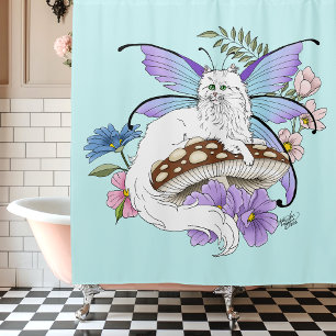 Whimsical White Fairy Cat Blue Mushroom Fantasy