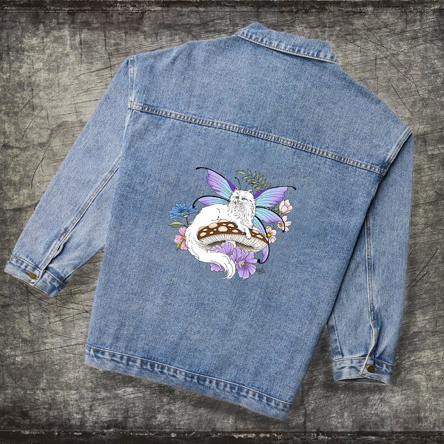 Whimsical White Fairy Cat Blue Mushroom Fantasy Denim Jacket (Creator Uploaded)