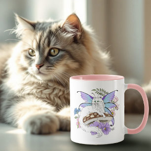 Whimsical White Fairy Cat Blue Mushroom Fantasy Mug