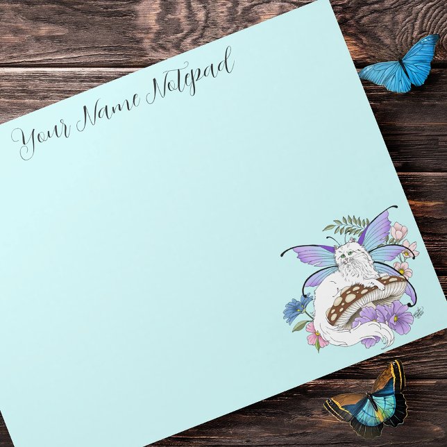 Whimsical White Fairy Cat Blue Mushroom Fantasy Notepad (Creator Uploaded)