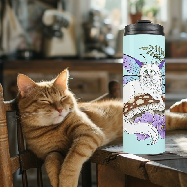 Whimsical White Fairy Cat Blue Mushroom Fantasy Thermal Tumbler (Creator Uploaded)