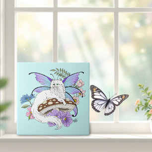 Whimsical White Fairy Cat Blue Mushroom Fantasy Tile