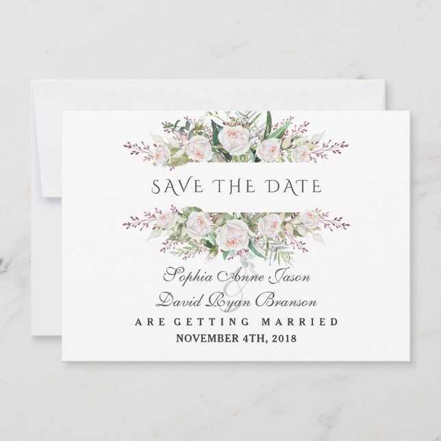 Whimsical White Flowers Frame Save The Date (Front)