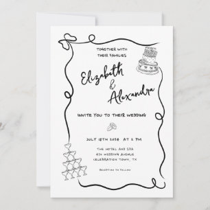 Whimsical White French Hand Drawn Wedding Invitation