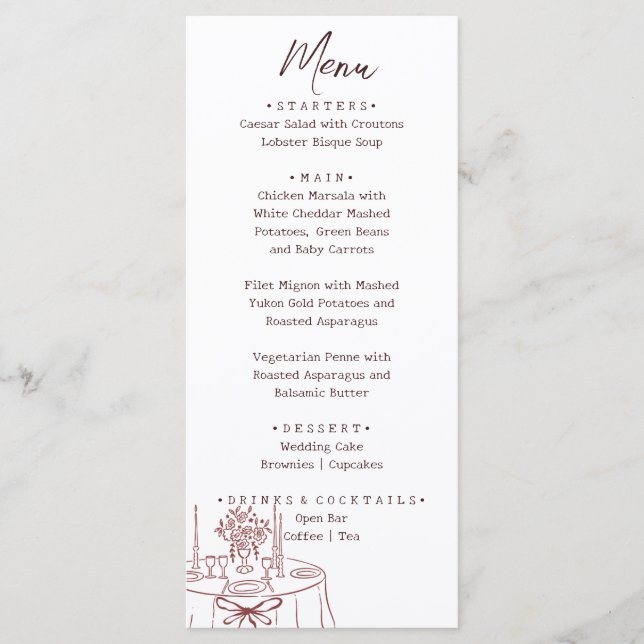 Whimsical White Hand Drawn Illustrated Wedding  Menu (Front)