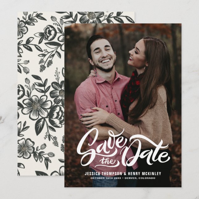 Whimsical White Hand Lettered Photo Overlay Floral Save The Date (Front/Back)