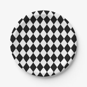 Whimsical White Harlequin Diamond Pattern Paper Plate