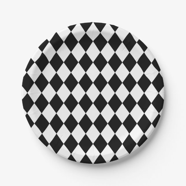 Whimsical White Harlequin Diamond Pattern Paper Plate (Front)