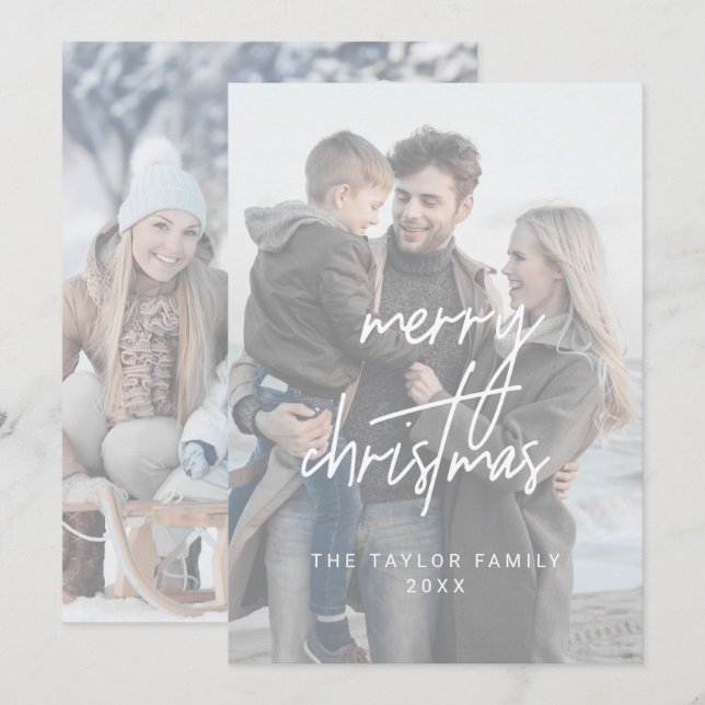 Whimsical White Merry Christmas 2 Vertical Photos Holiday Card (Front/Back)