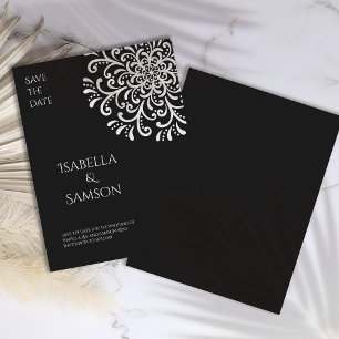 Whimsical White on Black Flourish Save the date