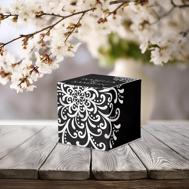 Whimsical White on Black Flourish Wedding Favor Box (Creator Uploaded)