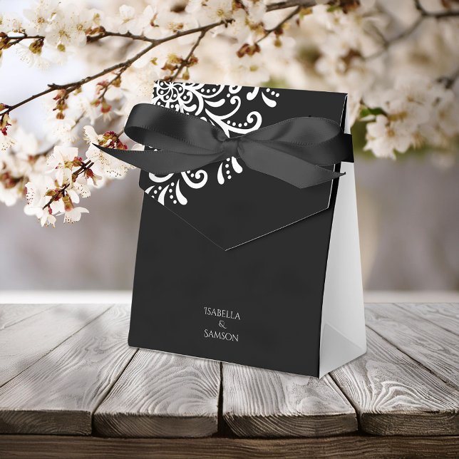 Whimsical White on Black Flourish Wedding Favor Box (Creator Uploaded)
