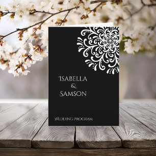 Whimsical White On Black Flourish Wedding Program