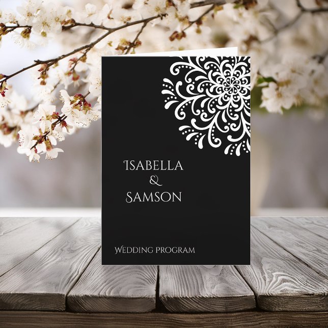 Whimsical White On Black Flourish Wedding Program (Creator Uploaded)