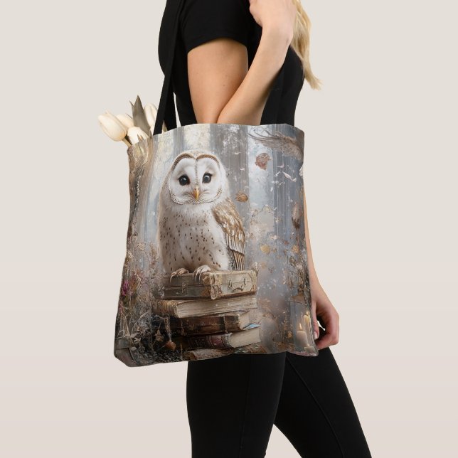 Whimsical White Owl Harmonious Nature Setting  Tote Bag (Close Up)