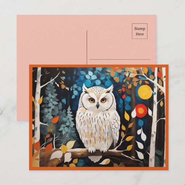 Whimsical White Owl In Colorful Vibrant Forest  Postcard (Front/Back)