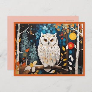 Whimsical White Owl In Colorful Vibrant Forest  Postcard