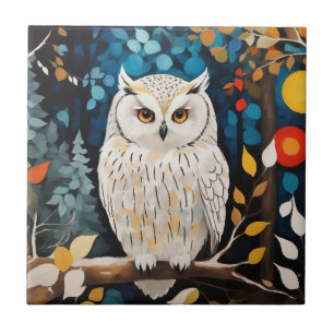 Whimsical White Owl In Colourful Vibrant Forest Tile