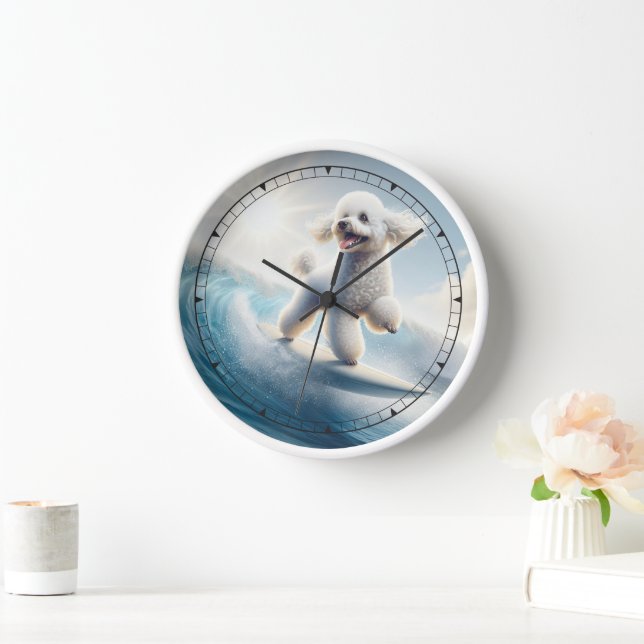 Whimsical White Poodle Surfing Clock (Home)