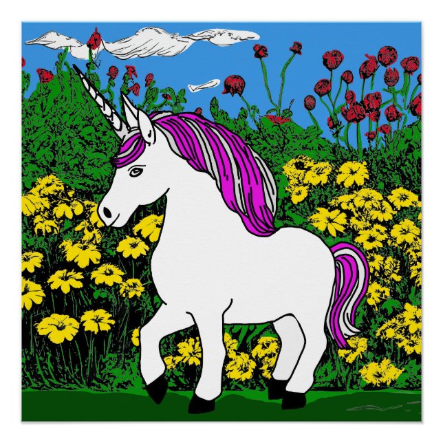 Whimsical White Purple Birthday Unicorn Poster (Front)
