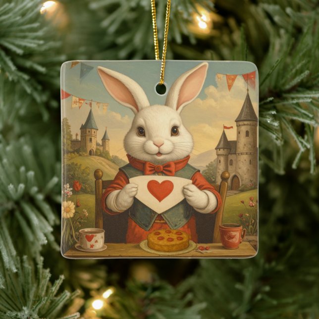 Whimsical White Rabbit Hearts Enchanted Wonderland Ceramic Ornament (Tree)