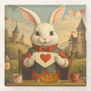 Whimsical White Rabbit Hearts Enchanted Wonderland Glass Coaster