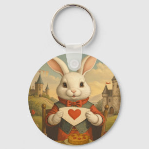 Whimsical White Rabbit Hearts Enchanted Wonderland Keychain