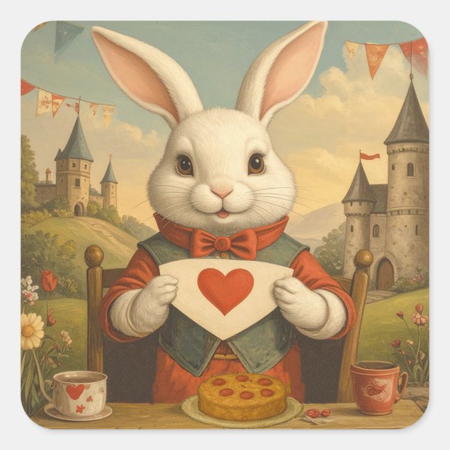 Whimsical White Rabbit Hearts Enchanted Wonderland Square Sticker (Front)