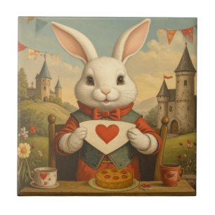 Whimsical White Rabbit Hearts Enchanted Wonderland Tile