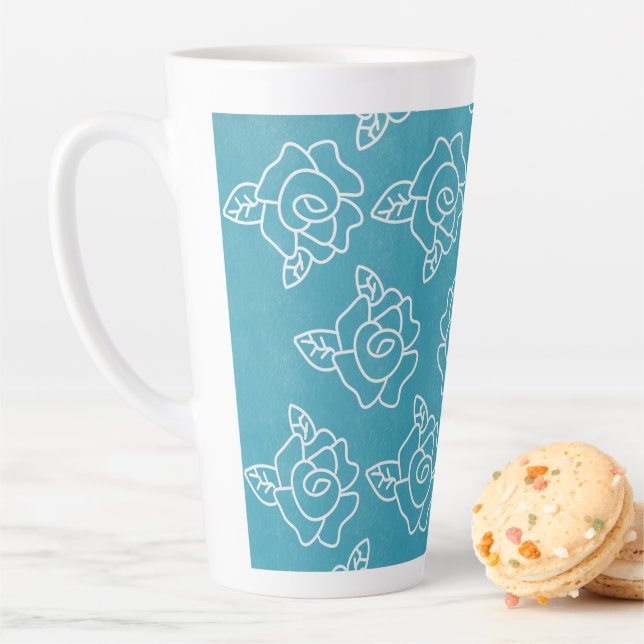 Whimsical White Roses Hand-Drawn Floral Turquoise Latte Mug (In Situ)