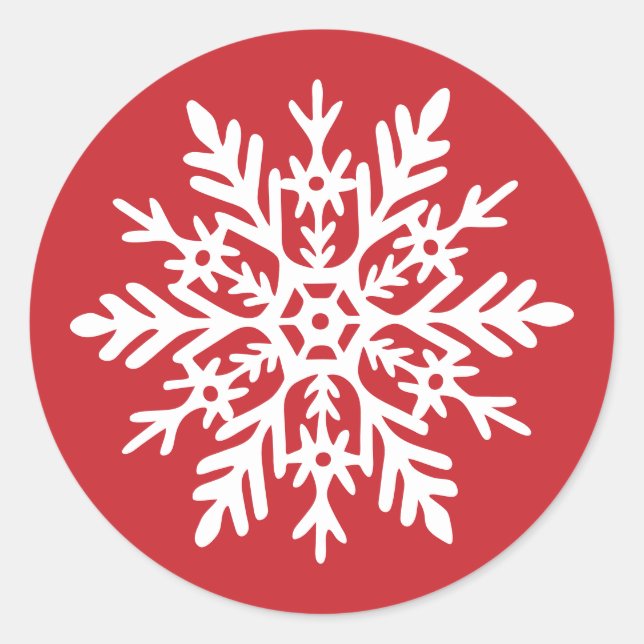 Whimsical White Snowflake Red Christmas Classic Round Sticker (Front)