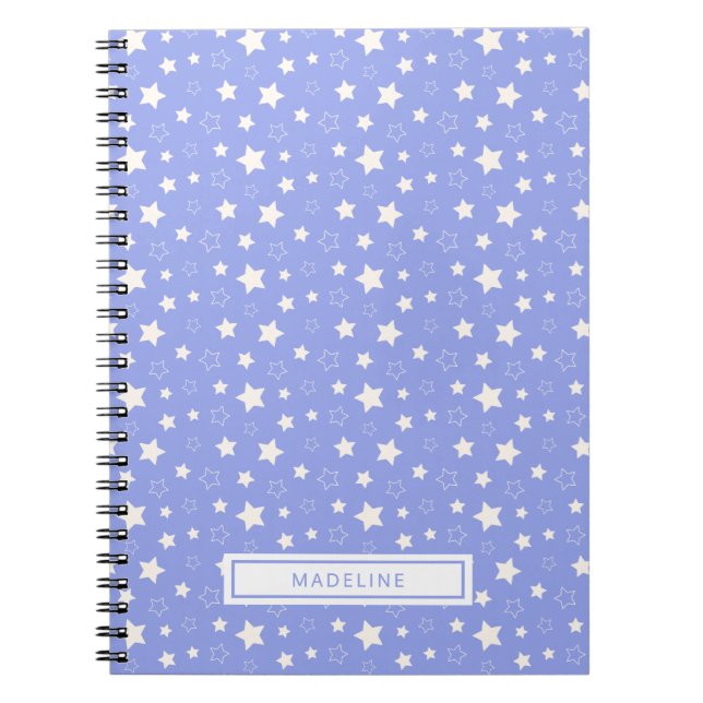 Whimsical White Stars Light Blue Monogram Notebook (Front)