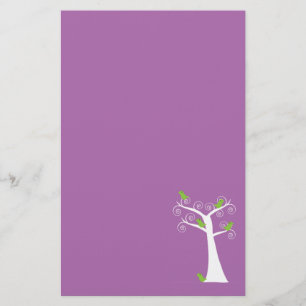 Whimsical White Tree & Green Birds Art Stationery