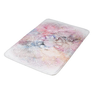 Whimsical white watercolor mandala design bath mat