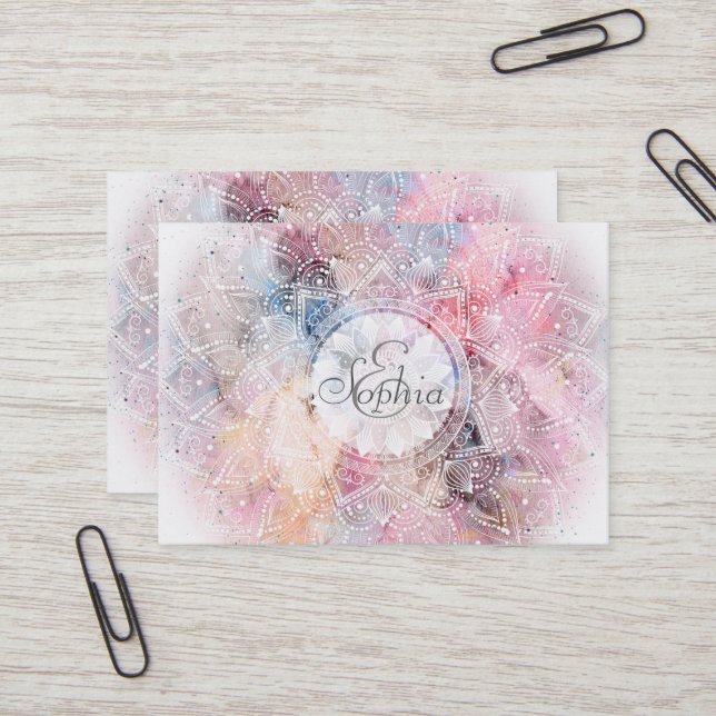 Whimsical white watercolor mandala design business card (Front/Back In Situ)